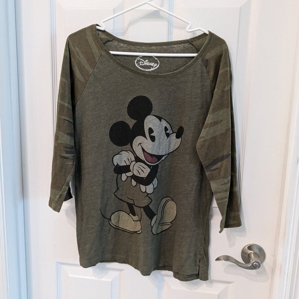Disney Mickey Mouse Army Camo 3/4 Sleeve Top Olive Green Size XL